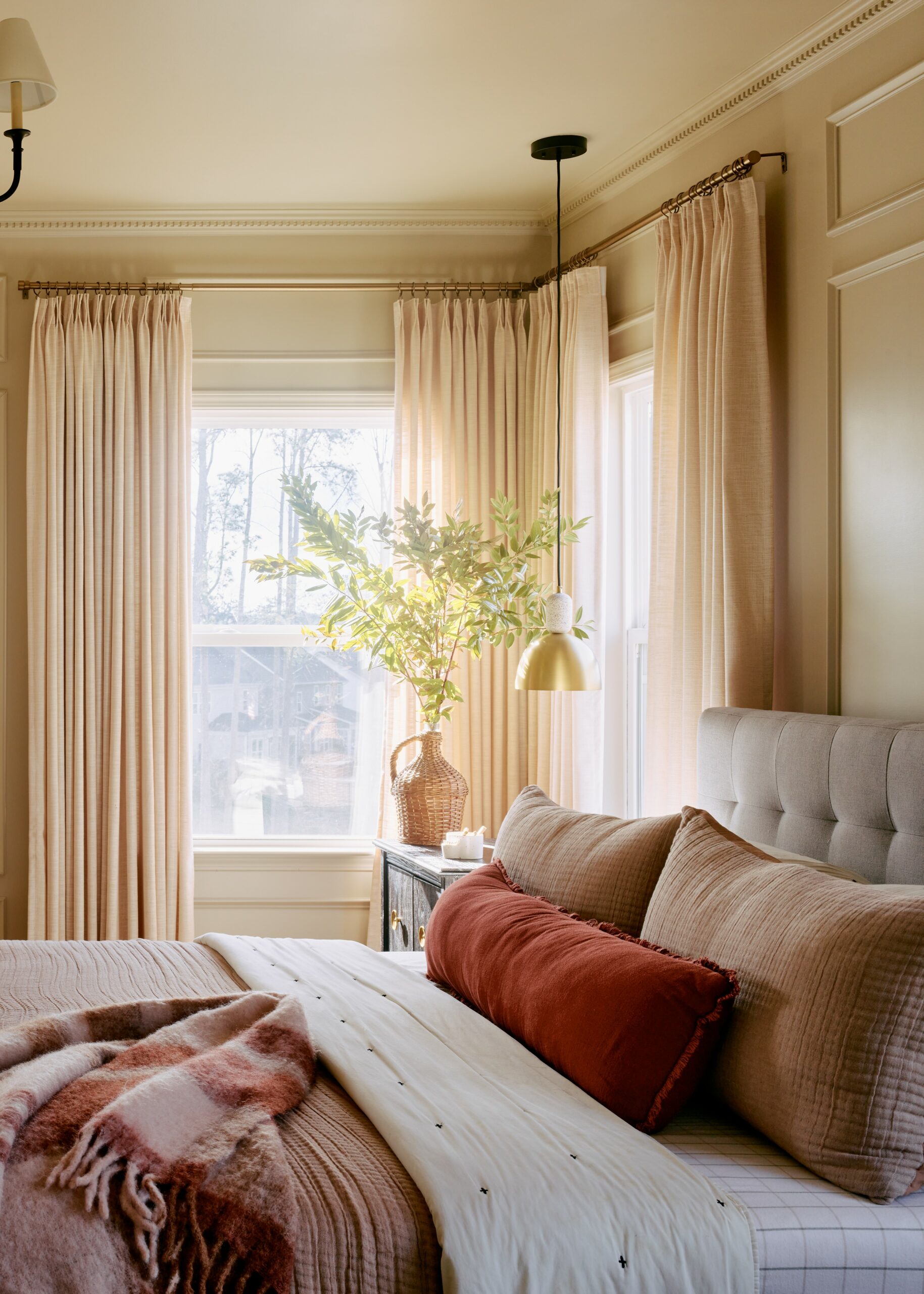 Home Interior design project in Charlotte NC features a master bedroom reflecting quiet luxury